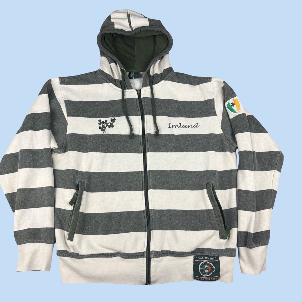Retro Irish Ireland Track and Field Striped Full Zip Hoodie Green White Mens L